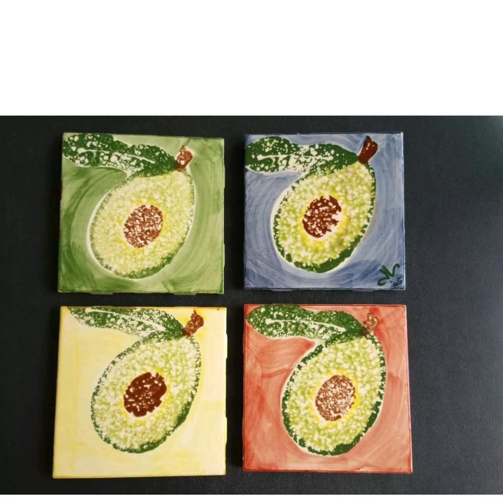 4 Ceramic Coasters Hand Painted Avocados Cork Bottom Approx 4" 2005 See …